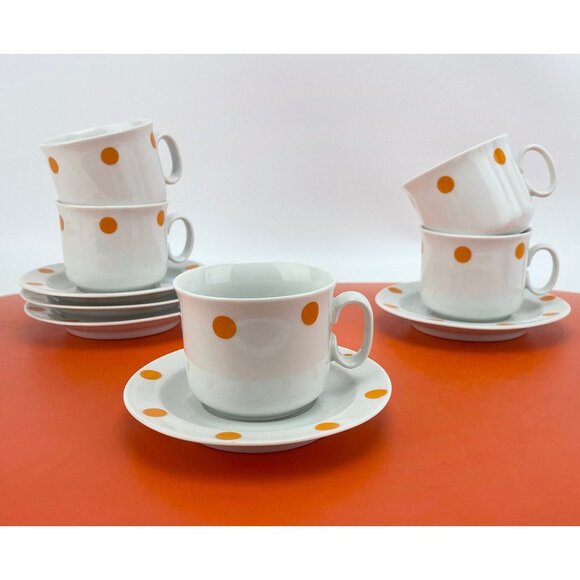 Vintage espresso cup saucer set, orange polka dots, porcelain, Giesche Bogucice - Picture 1 of 8